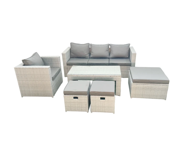Image of Fimous Rattan Garden Furniture Set 6 Pieces Outdoor Garden Sofa Oblong Coffee Table Set with Chair 3 Footstools Light Grey Mixed Light Grey