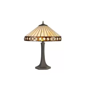 Image of 2 Light Octagonal Table Lamp E27 With 40cm Tiffany Shade, Amber, Crystal, Aged Antique Brass