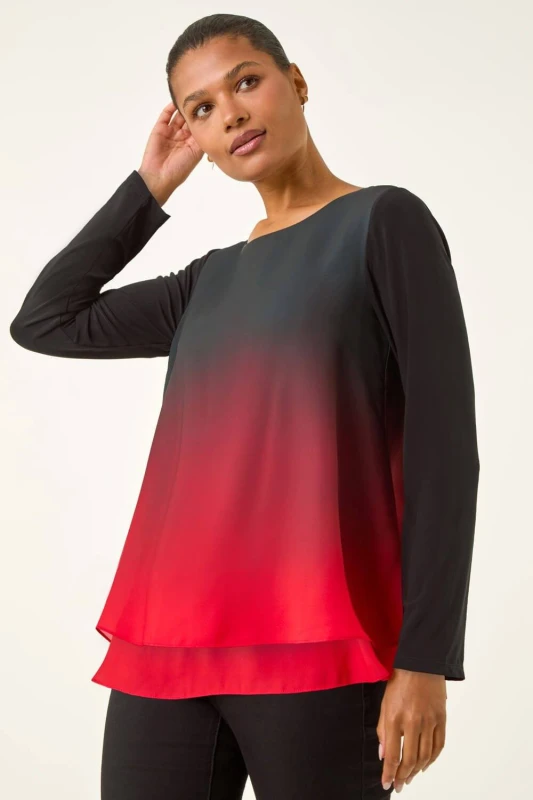 Image of Roman Womens Ombre Chiffon Overlay Top in Red Size: 16 Red Female 16