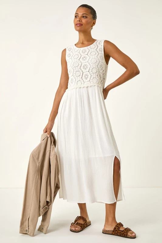 Image of Roman Womens Crochet Bodice Midi Dress in White Size: 18 White Female 18