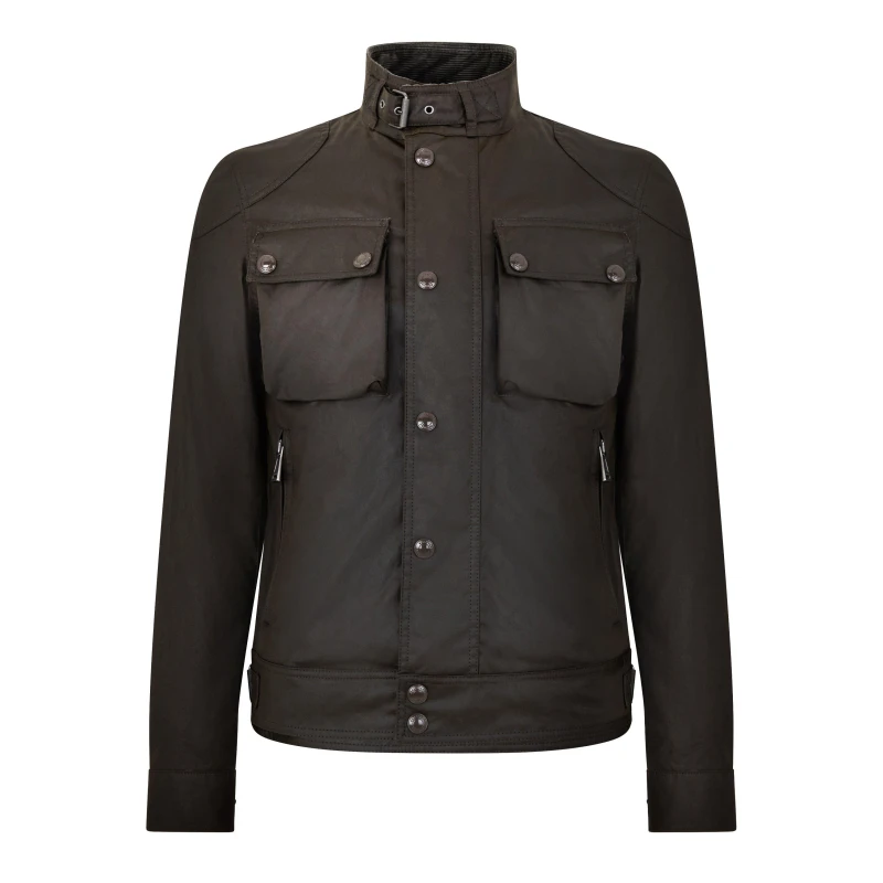 Image of Belstaff Mens Racemaster Waxed Cotton Long Sleeve Funnel Neck Wax Jacket Burnt Oak male M (48)