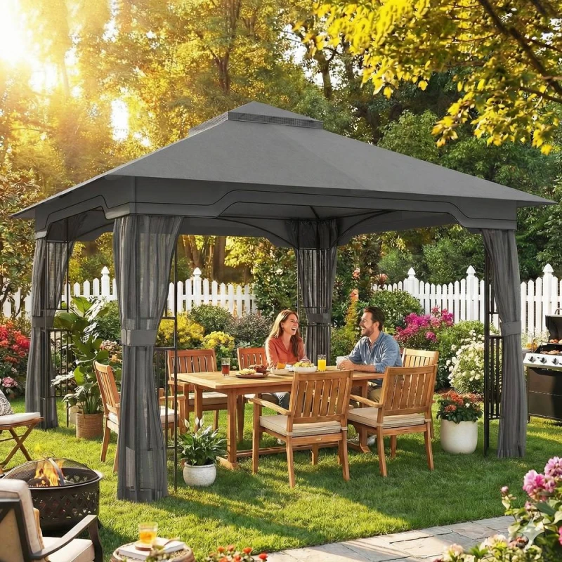 Image of OUTSUNNY 3.3 x 3.3 m Garden Gazebo with Shelves, UPF50+ Permanent Gazebo in Dark Grey Size: 3m x 3m Dark Grey Unisex 3m x 3m