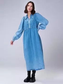 Image of Aligne Gabriella Zip Neck Denim Midi Dress - Extra Light Wash