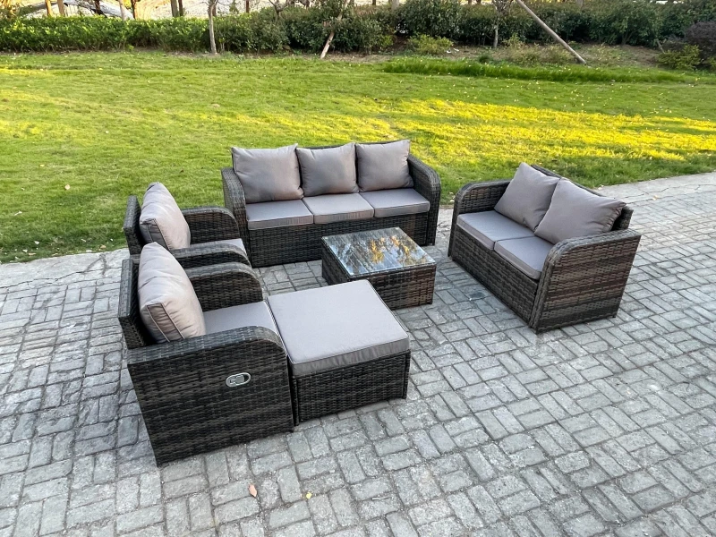 Image of Fimous 8 Seater Garden Furniture Set Rattan Outdoor Lounge Sofa Chair With Tempered Glass Table Big Footstool Dark Grey Mixed Dark Grey