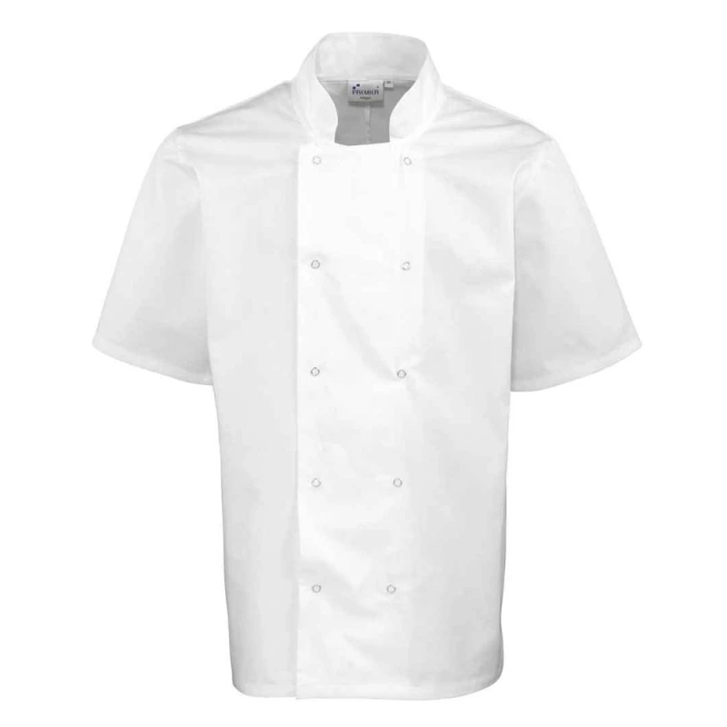 Image of Premier Premier Men Stud Front Short-Sleeved Chef Jacket in White Size: Medium White M Male 5063470809332