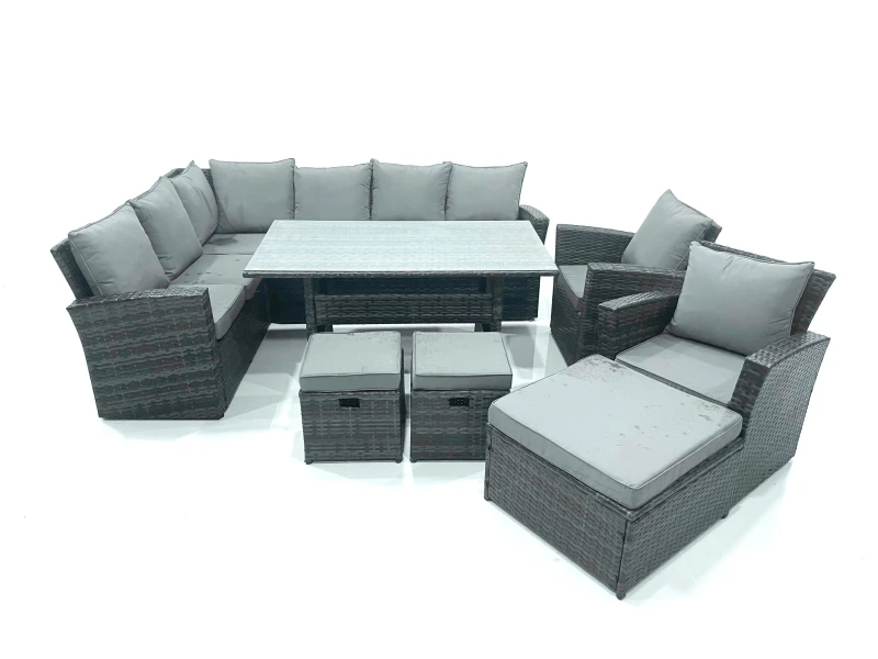 Image of Fimous Outdoor Furniture Garden Dining Set Rattan Corner Sofa Set with 3 Footstools 2 Armchairs in Dark Grey Dark Grey Unisex