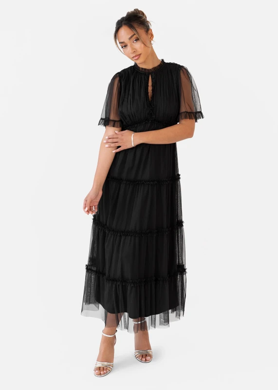 Image of Anaya with Love Womens Short Sleeve Frill Midaxi Dress in Black Size: 12 Black Female 12