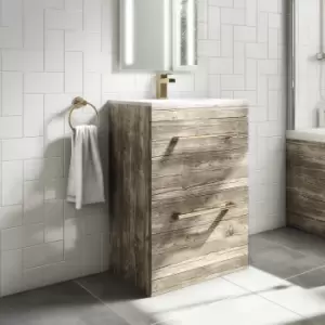 Image of 600mm Wood Effect Floorstanding Vanity Unit with Basin and Brushed Brass Handle - Ashford