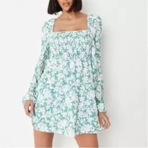Image of Missguided Floral Print Shirred Mini Dress - Green