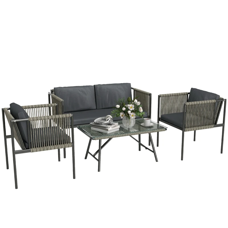 Image of Outsunny 4 Seater Wicker Outdoor Furniture Set with Glass Coffee Table Grey TJ Hughes 5063603230248