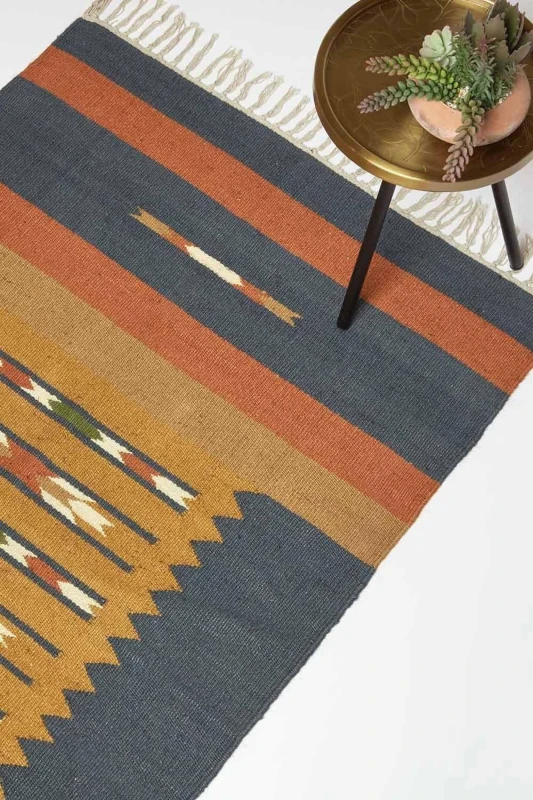 Image of Homescapes Lundi Orange & Blue Kilim Cotton & Jute Rug Size: 160cm x 230cm Orange Unisex 160cm x 230 cm