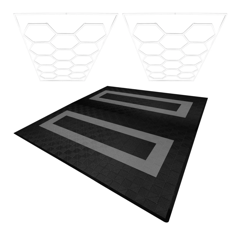 Image of Monstershop Hexagon LED Lights x 2 & Vented Garage Floor Tiles With Edges - 165 Black & 60 Grey Black