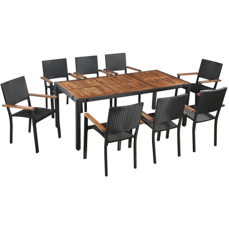 Image of VIDAXL 9 Piece Outdoor Dining Set Poly Rattan and Acacia Wood Black Vidaxl 43936