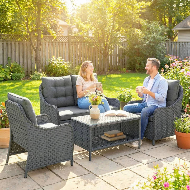 Image of OUTSUNNY 4 Piece Rattan Patio Furniture Set with Removable Cushion Covers in Dark Grey Size: 4 Pack Dark Grey Unisex 4 Pack