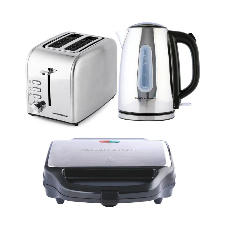 Image of Hamilton Beach Rise Polished Kettle, 2 Slice Toaster & Sandwich Toaster Set - Silver Silver Unisex