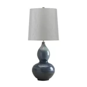 Image of Table Lamp Textured Blue Reactive Glaze Light Grey Faux Silk Shade LED E27 60W