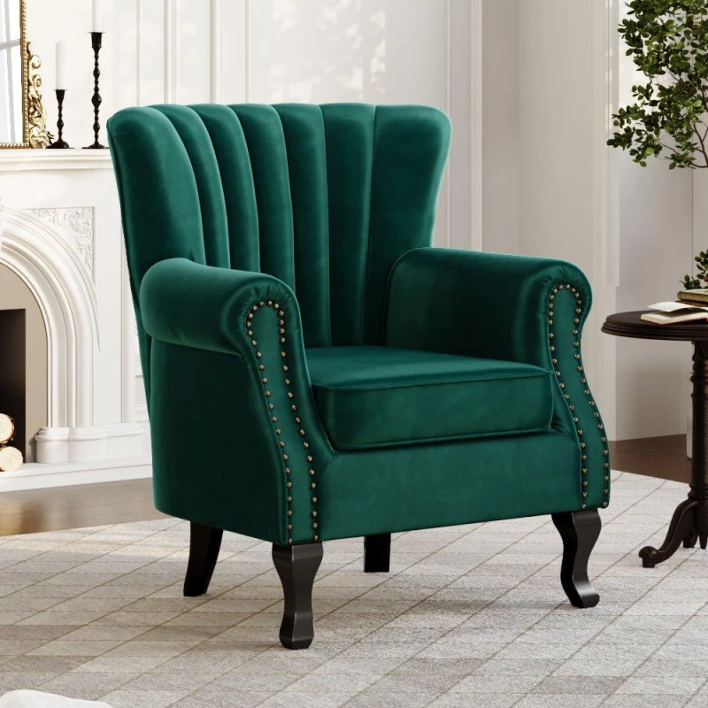 Image of Kabinet UK Vintage Velvet Wing Back Armchair with Studs Green unisex One size