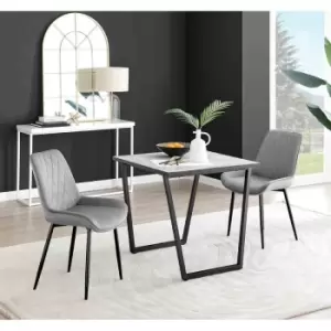 Image of Furniture Box Carson White Marble Effect Square Dining Table and 2 Grey Pesaro Black Leg Chairs