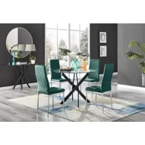 Image of Furniturebox UK - Furniturebox Novara Black Leg 120cm Round Glass Dining Table & 4 Green Milan Velvet Dining Chairs Diamond Stitch Modern