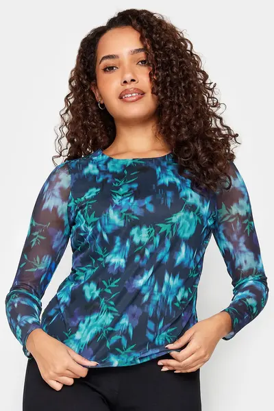 Image of M&Co Floral Mesh Sleeve Top Blue