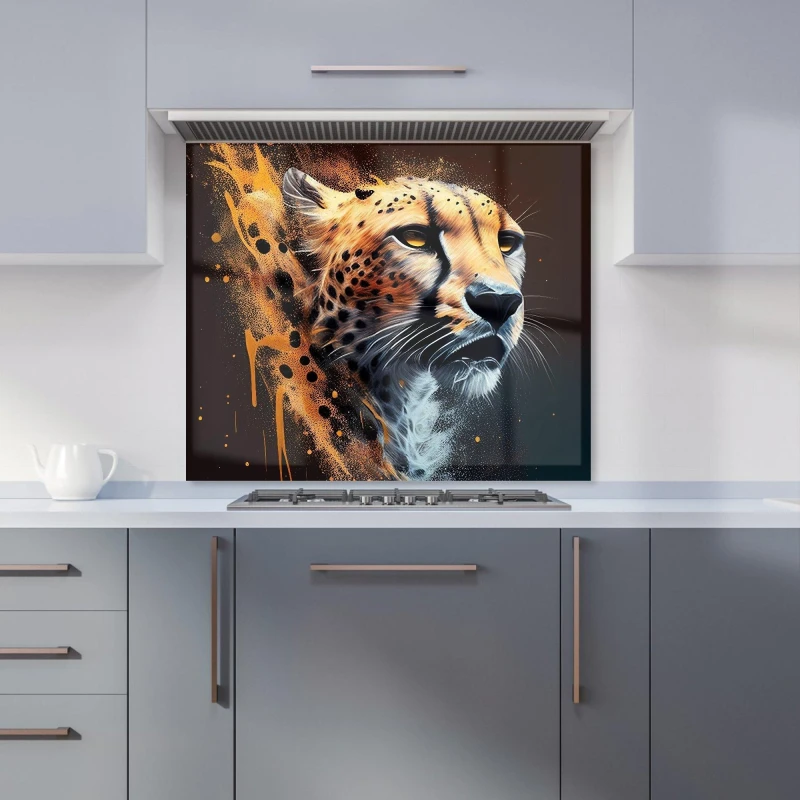 Image of Warren Reed - Designer Cheetah Face Splashart Dark Background Kitchen Splashback in Yellow Size: 700mm x 650mm Yellow Unisex 700mm x 650mm