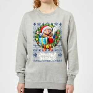Image of Nintendo Super Mario Happy Holidays Mario Womens Christmas Sweatshirt - Grey - M
