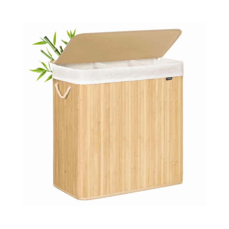 Image of Songmics Laundry Sorter, 3 Compartments, Portable With Handles, Removable Machine-Washable Bag, Laundry Organiser, Wood Colour