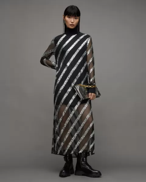 Image of AllSaints Juela Mesh Striped Sequin Midi Dress
