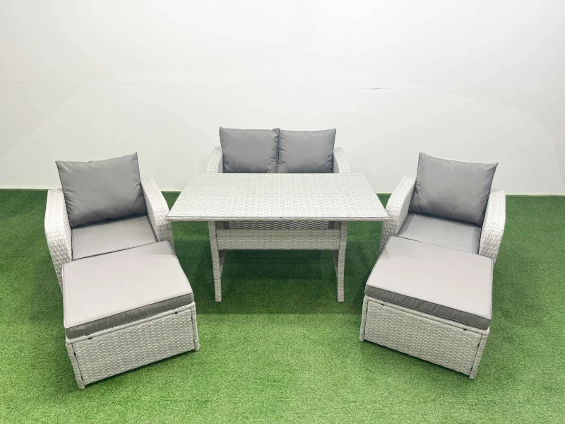 Image of Fimous Light Grey PE Wicker Rattan Garden Furniture Set Sofa Set Reclining Chair Rectangular Dining Table 6 Seater 2 Big Stools Light Grey