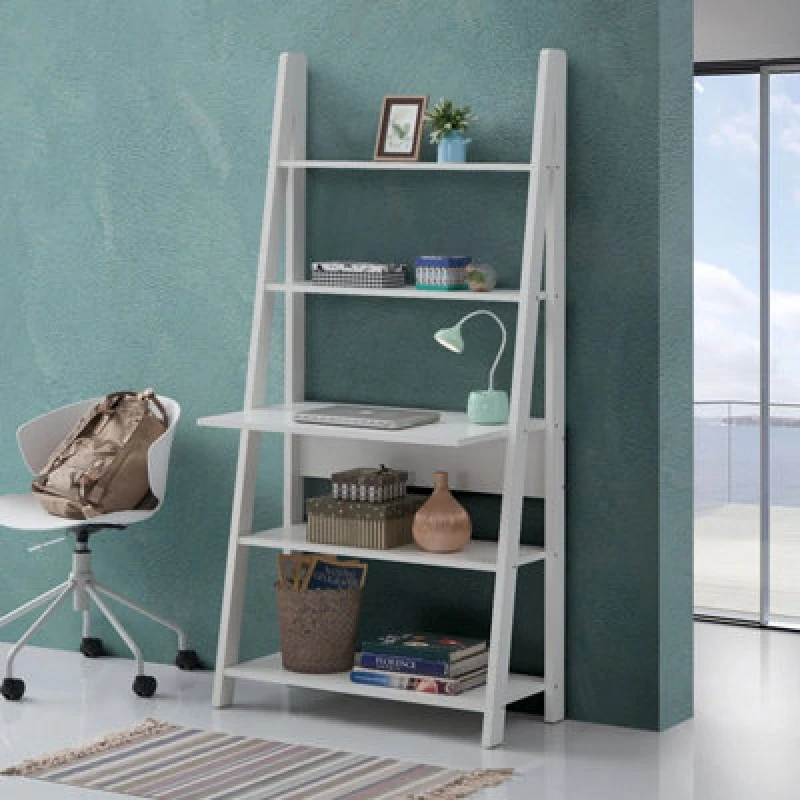 Image of Timber Art Design Riva Ladder Bookcase With 5 Tier Shelves & Overhanging Desk Shelf In White