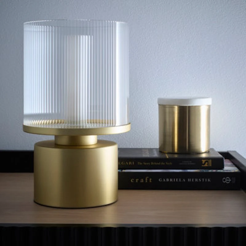 Image of K Living Zoja Satin Gold Table Lamp With Ribbed Glass Shade