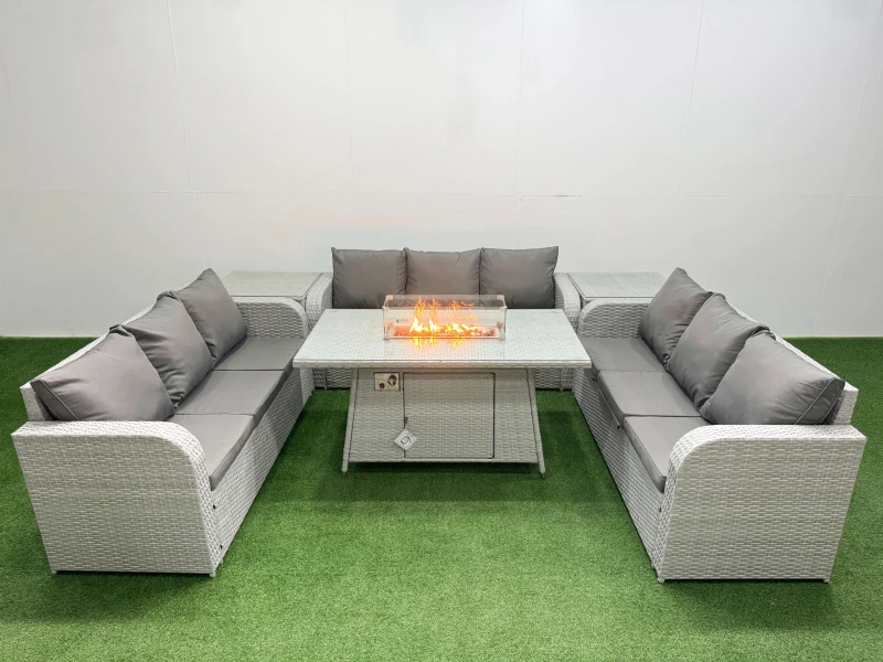 Image of Fimous PE Rattan Lounge Sofa Set 9 Seater Outdoor Garden Furniture Set with Firepit Dining Table 3 Seater Sofa 2 Side Table Light Grey Light Grey