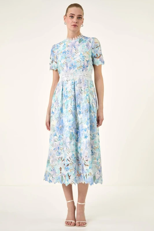 Image of Roman Womens Watercolour Lace Midi Dress in Blue Size: 20 Blue Female 20