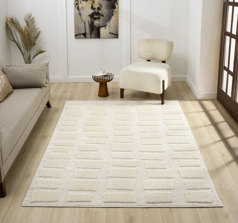 Image of Isabella Living Room Area Rugs - Embossed Cobble Design Cream 160Cm X 230Cm