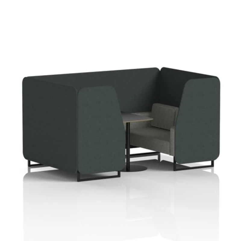Image of Brixworth 4 Seater Office Booth with Front Panel - Black Legs and Black Table with Black Leg in Rivet Fabric - Charcoal Panels and Vitreous Sofa