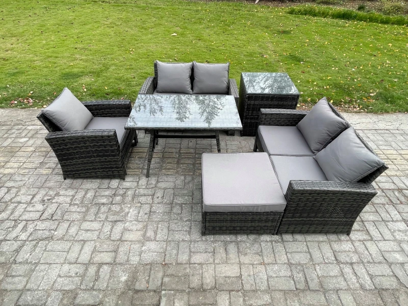 Image of Fimous 6 Seater Wicker PE Rattan Garden Dining Set Outdoor Furniture Sofa with Rectangular Dining Table Double Seat Sofa Big Footstool Side Table Dark