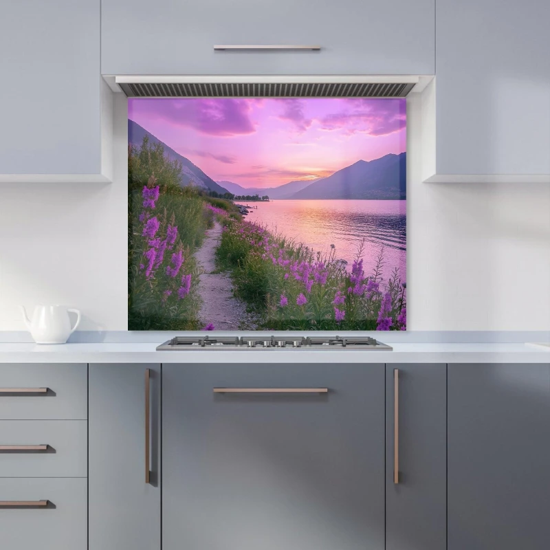 Image of Warren Reed - Designer Twilight Path by the Lake Kitchen Splashback in Purple Size: 700mm x 650mm Purple Unisex 700mm x 650mm