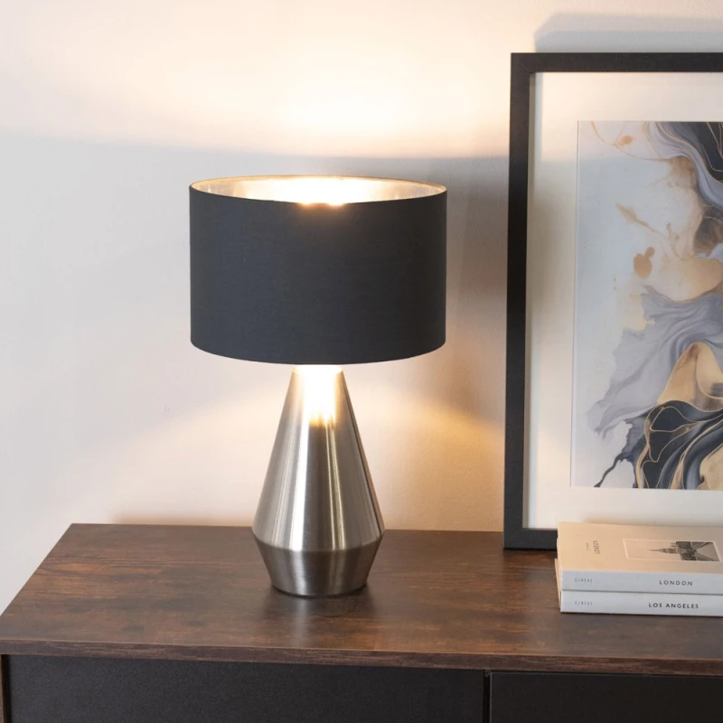 Image of ValueLights Jax Chrome Dimmable Touch Table Lamp with Fabric Drum & Chrome Lamp Shade & Bulb in Black Unisex