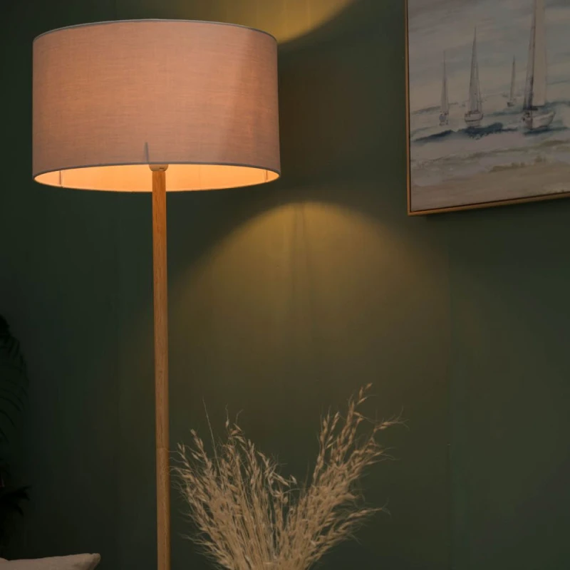 Image of ValueLights Heather Light Wood Floor Lamp with Fabric Drum Shade and LED Bulb Light Grey