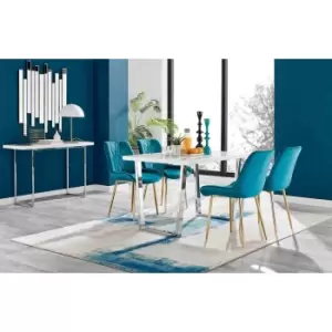 Image of Furniture Box Kylo White High Gloss Dining Table and 4 Blue Pesaro Gold Leg Chairs
