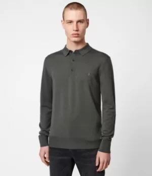 Image of AllSaints Mens Mode Merino Long Sleeve Polo Shirt, Sacremento Green, Size: XXL