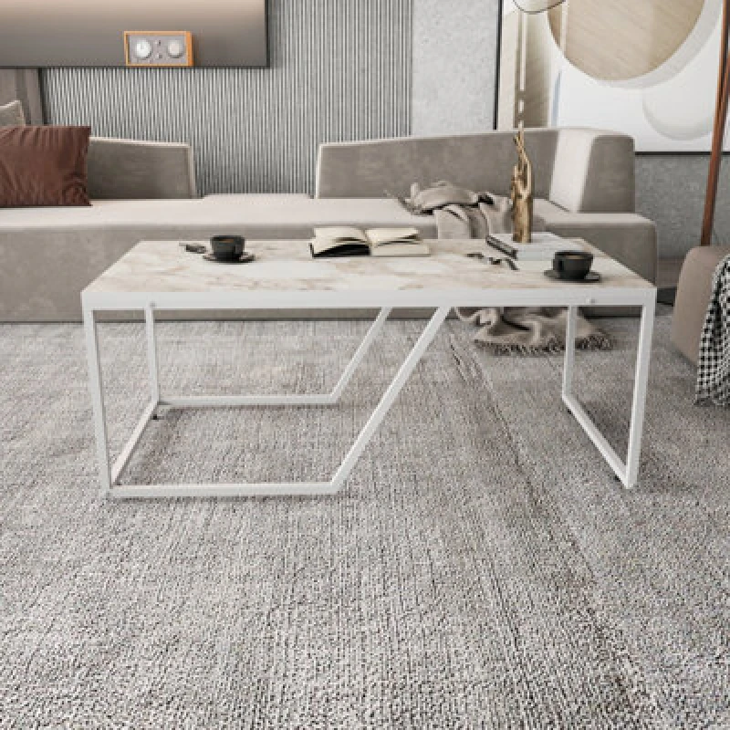 Image of Decorotika Wendy Modern Coffee Table Large Accent Table Industrial Design - White Marble Effect And White WND47CT02