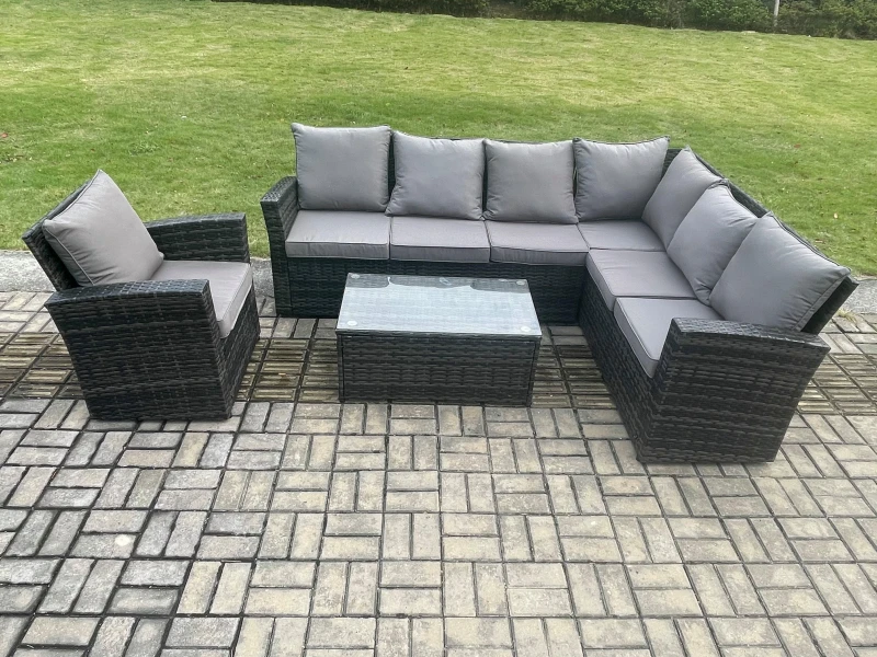 Image of Fimous Rattan Garden Furniture Corner Sofa Set 4 Pieces Outdoor Patio Sofa Chair Table Set with Rectangular Coffee Table Dark Grey Mixed Dark Grey Uni