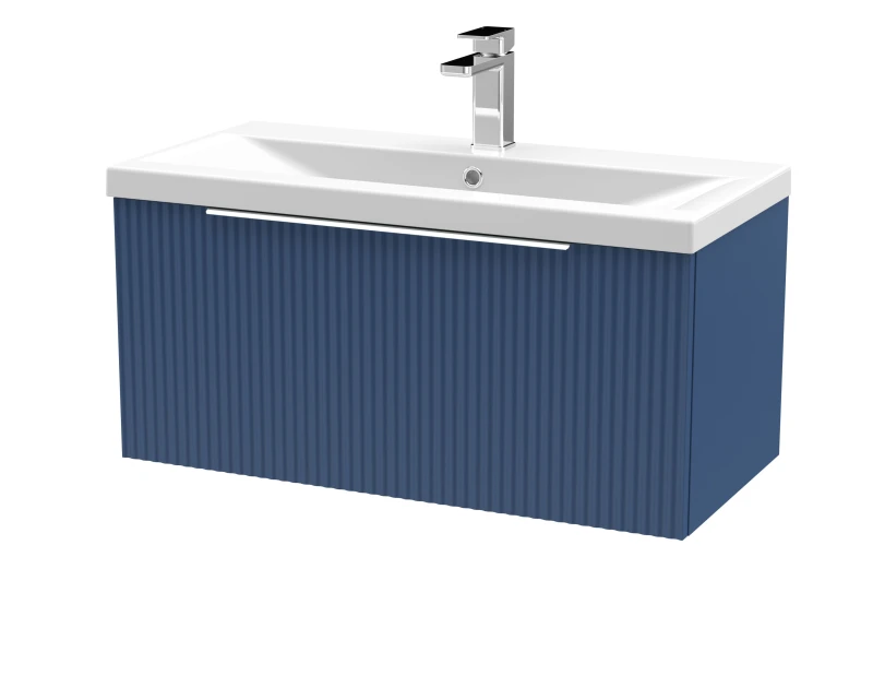 Image of Balterley Fluted Wall Hung 1 Drawer Vanity Basin Unit & Basin 800mm - Satin Blue Blue Unisex
