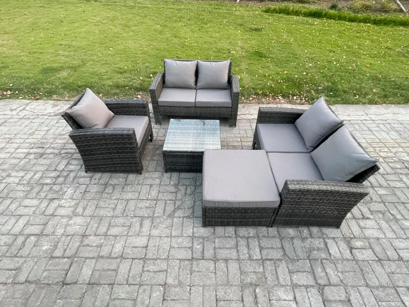 Image of Fimous Outdoor Rattan Garden Furniture Set Conservatory Patio Sofa Coffee Table Set with Chair Big Footstool Dark Grey Mixed Dark Grey Unisex