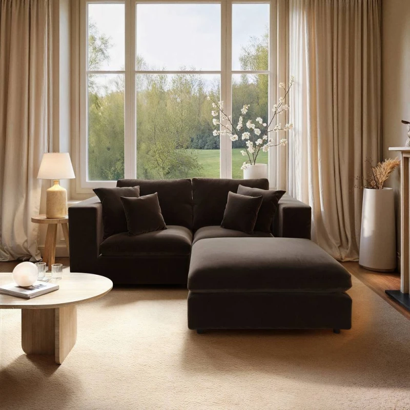 Image of Solace+Co Asher 3 Seater Sofa with Reversible Footstool in Brown Brown Unisex