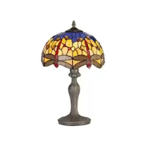 Image of Luminosa Lighting - 1 Light Curved Table Lamp E27 With 30cm Tiffany Shade, Blue, Orange, Crystal, Aged Antique Brass