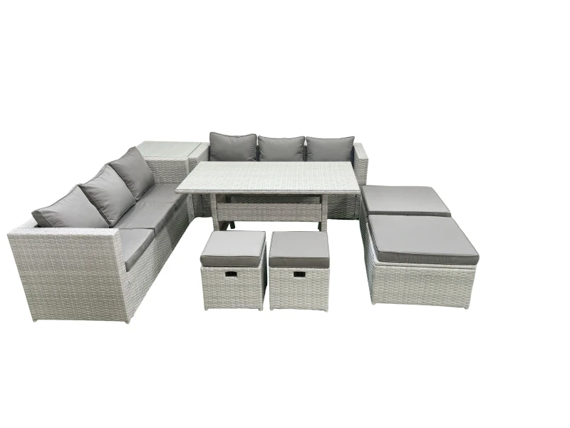 Image of Fimous Rattan Garden Furniture Set Outdoor 10 Seater Patio Dining Sets with Glass Top Dining Table and Side Table Light Grey Mixed Light Grey