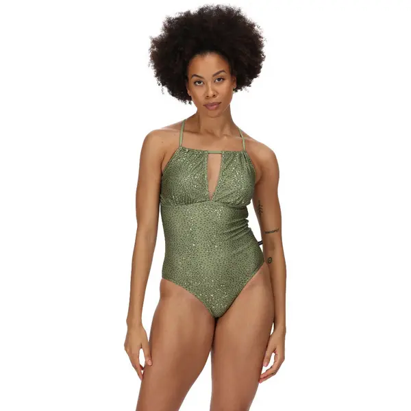 Image of Regatta Womens Halliday Printed Halter Neck Swimming Costume 12 - Waist 29' (74cm) Green Fields Abstract RWM026-H0X-12