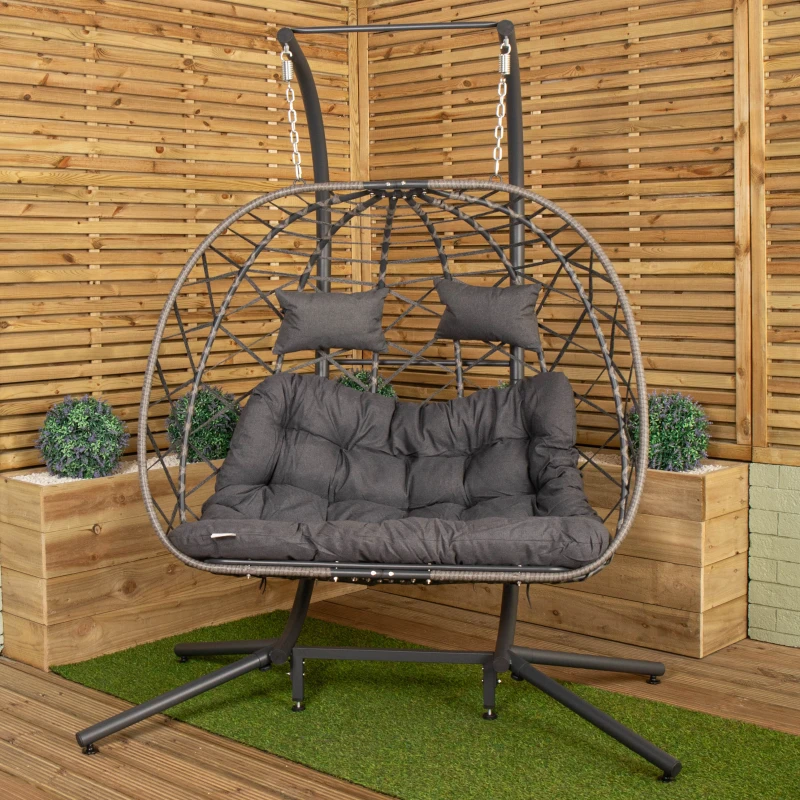 Image of Samuel Alexander 2 Seater Hanging Garden Rattan Egg Chair with Steel Frame and Waterproof Cover in Grey